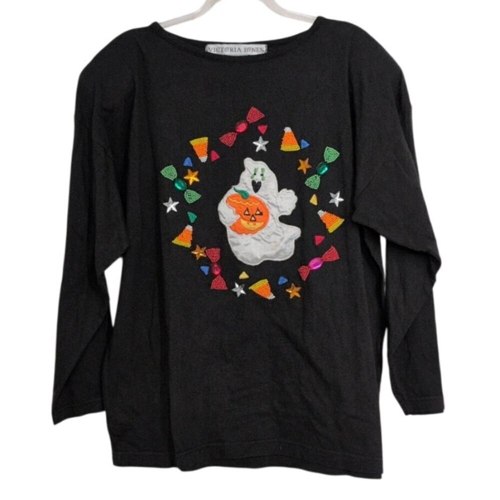 Vintage Halloween Shirt Womens Size Medium Black Beaded Jewel Ghost Candy Cotton